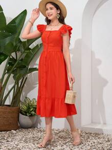 SHEIN Teen Girl Woven Ruffled Flutter Sleeve Open-Front Belted Holiday Dress