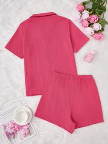 SHEIN Women's Pink Solid Color Shorts And Short Sleeve Casual Home Outfit Set - Pink - View 2