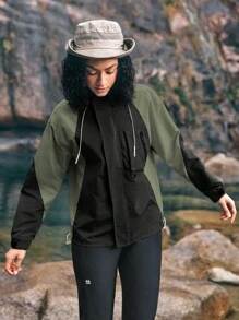 In My Nature Women's Color Block Drawstring Hooded Outdoor Raincoat Jacket - Black - View 5