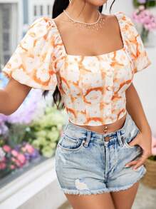 Breezaya بلوزة صيفية حلوة بأكمام منتفخة مخملية بنقش زهور - أصفر - مشاهدة 5