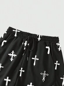 ROMWE Goth Shorts casuales con estampado completo de cruz gótica - Negro - Ver 3