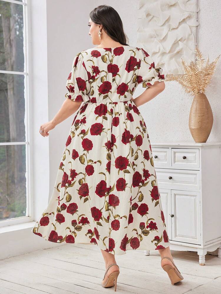 Plus Size Elegant Rose Printed Puff Sleeve Dress For Summer