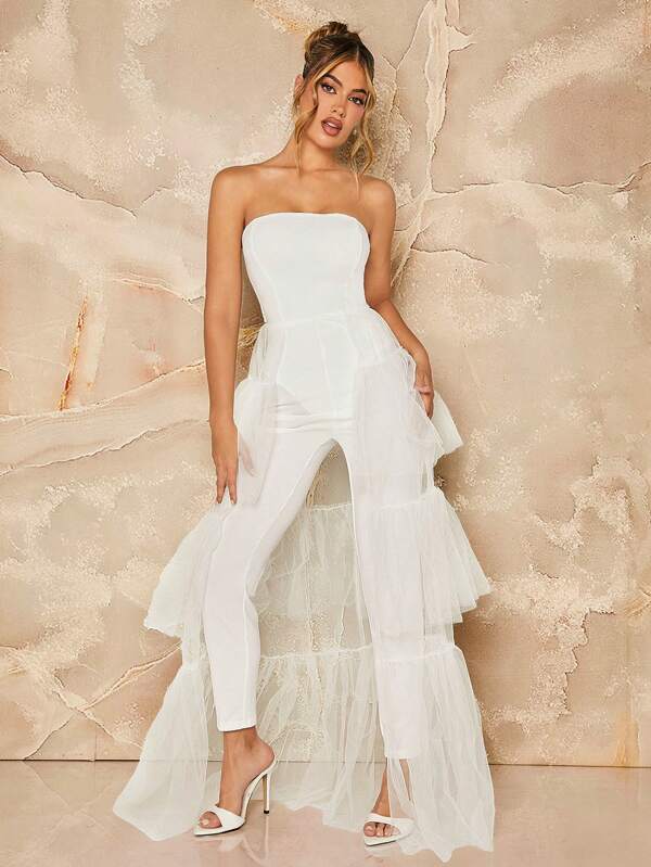 L'Amorae Tiered Ruffle Mesh Overlay Tube Jumpsuit For Summer