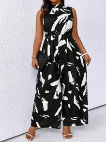 SHEIN Clasi Plus Size Summer Fashion Random Printed Stand Collar Sleeveless Wide Leg Jumpsuit - Black - View 3