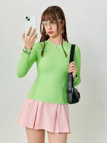 SHEINNeu Women's Casual Sports Round Neck Knitted Green Tight Long Sleeve T-Shirt - Green - View 1