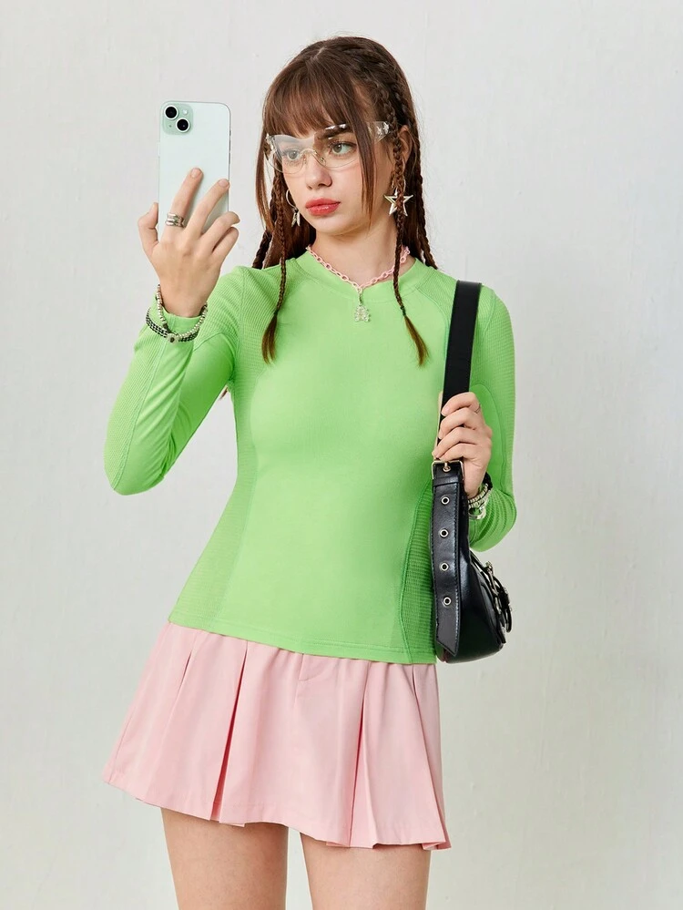 Women's Casual Sports Round Neck Knitted Green Tight Long Sleeve T-Shirt