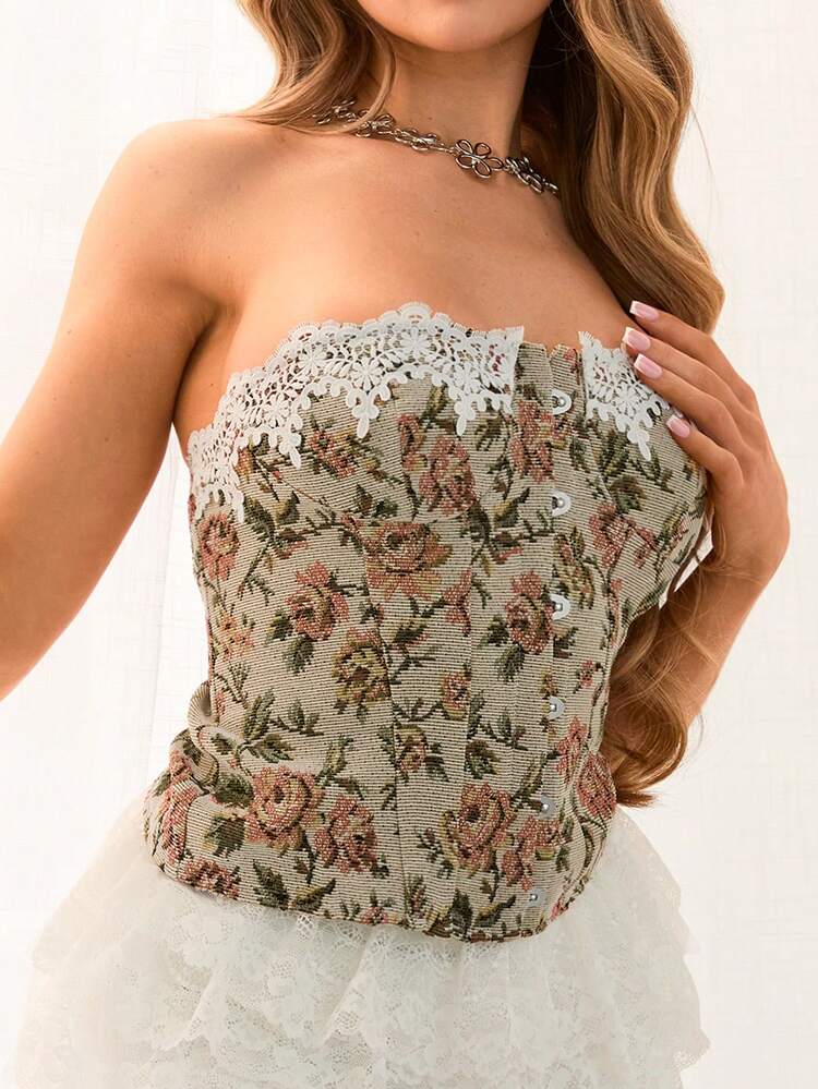 Women Summer Lace Floral Jacquard Elegant Tube Top With Patchwork Design
