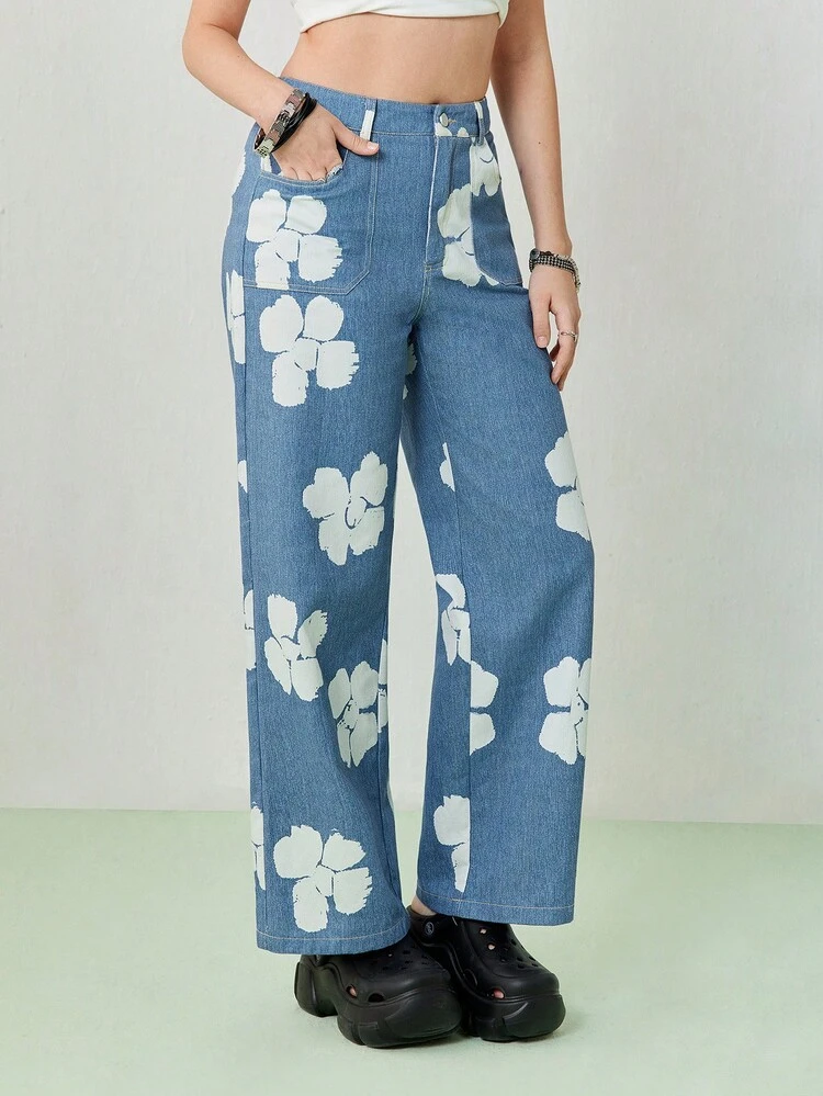 Women's Summer Denim Blue Floral Print Loose Straight Pants