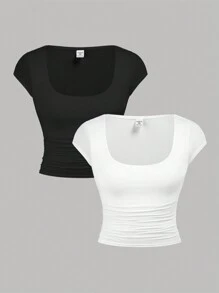 SHEIN Girlism 少女2件套實色短袖針織T恤，大U領口及褶飾 - 黑與白 - 查看 1