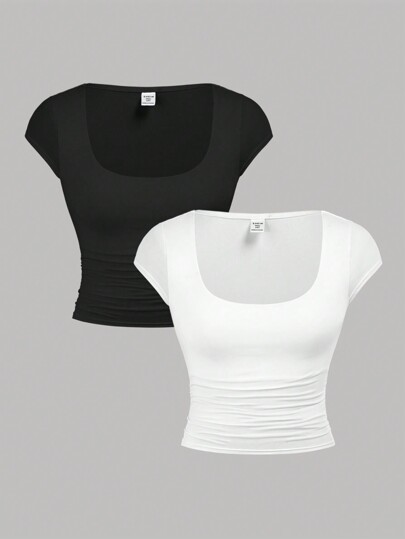 SHEIN Girlism Para chica adolescente: 2 piezas de camisetas tejidas de manga corta con unicolor, cuello grande en forma de U y pliegues