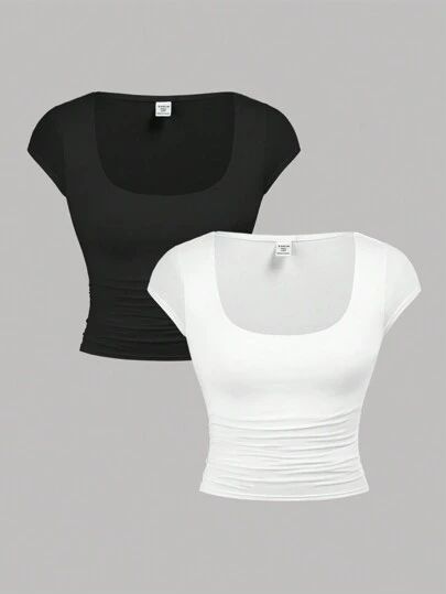 SHEIN Girlism 少女2件套實色短袖針織T恤，大U領口及褶飾