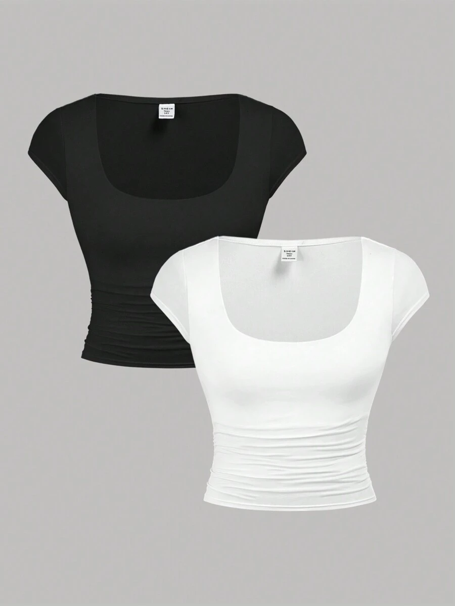 SHEIN Girlism 少女2件套實色短袖針織T恤，大U領口及褶飾 - 黑與白 - 查看 1