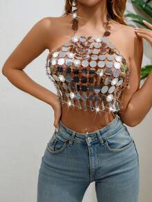 Áo dây ngắn lấp lánh thời trang dành cho nữ - Bạc - Xem 4