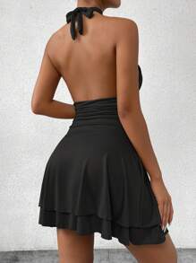 Allurite Women's Simple Solid Color Sleeveless Backless Mini Dress With Neck Strap Halloween