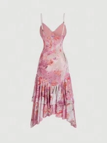 SHEIN MOD Váy Maxi Nữ Cổ Điển Màu Hồng Mùa Hè Có Họa Tiết Hoa Trừu Tượng, Cổ Lá Sen Và Viền Đuôi Cá Váy Maxi Nữ Màu Hồng Váy Maxi Nữ - Hồng - Xem 2