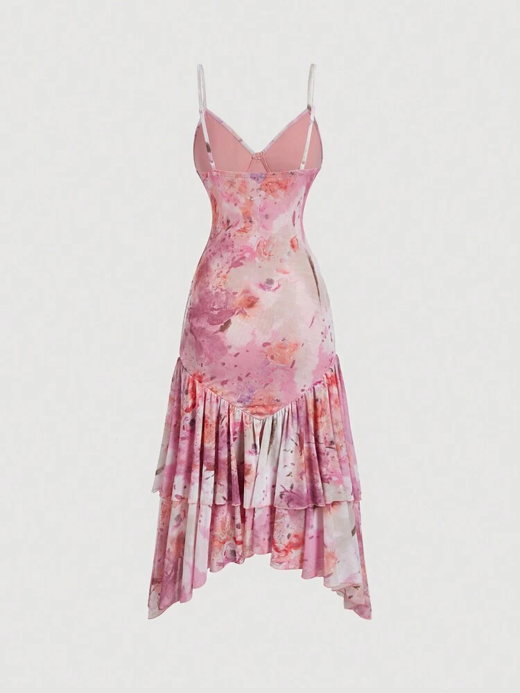 Pink Vintage Summer Dress With Abstract Floral Print, Lotus Leaf Collar And Mermaid Hem Maxi Women Dresses Pink Women Dresses