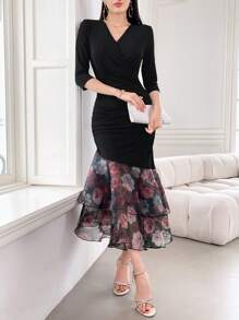 Modelyn Ladies' Fashionable Elegant V-Neck Bodycon Printed Splice Dress Long Evening Dresses