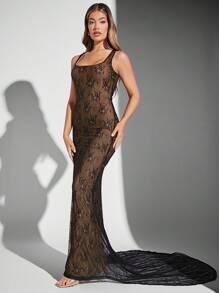 Hauture Women Dresses Sheer Bunga All Over Print Pola Bertekstur Seksi - Hitam - View 5