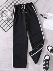 青少年運動休閒針織直筒束腰汗褲，配編織紋路 - 黑色 - 查看 6