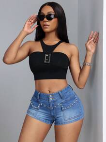 SHEIN SXY 女士串珠裝飾修身牛仔短褲 - 藍色 - 查看 5