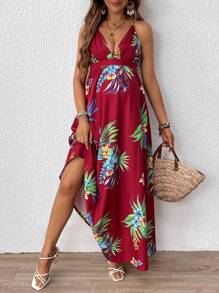 SHEIN Maternity Vacation Beach Tropical Floral Print High Waist Cross Backless Spaghetti Strap Dress - Burgundy - View 4