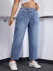 SHEIN EZwear Plus Size Women's Fashion Solid Color Straight Leg Jeans - Blue - View 4