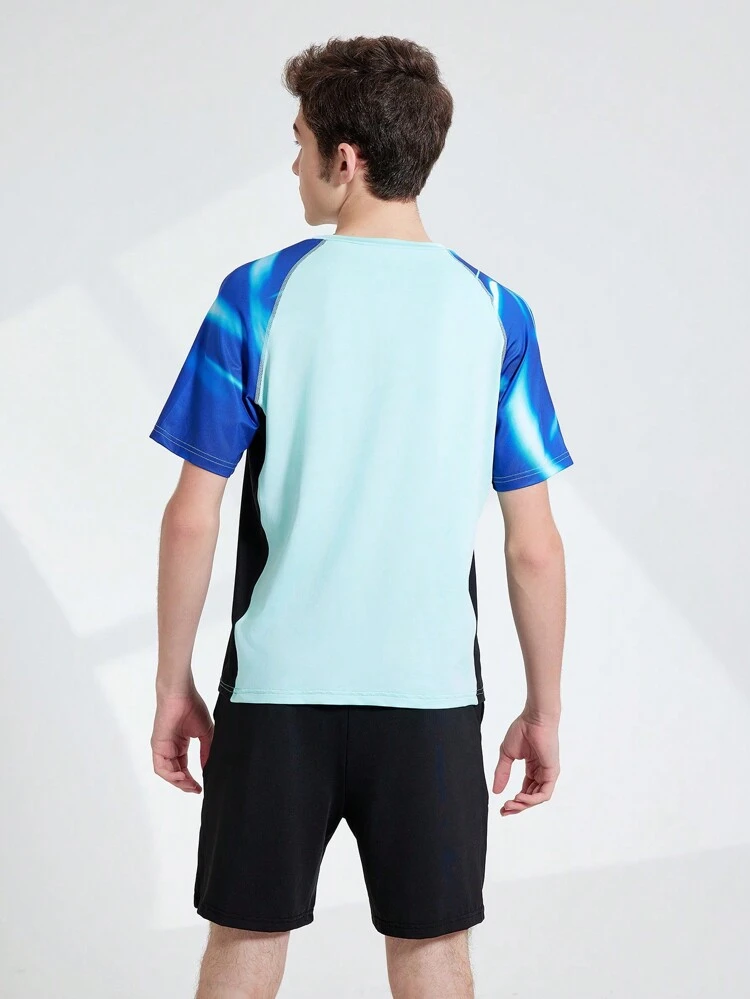 Teen Boys' Color-Blocked Short Sleeve T-Shirt And Black Sports Shorts, Outdoor Casual Sports Fitness Clothing Set