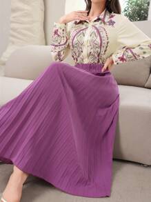 Modelyn 女士优雅植物印花长袖衬衫和褶皱中裙两件套，春夏两件套 - 中紫紅色 - 查看 7