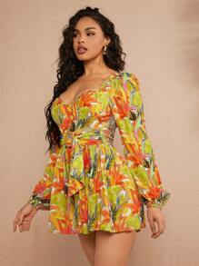 Hauture Tropical Print Bishop Sleeves Belted Buckle Romper - Multicolor - View 3