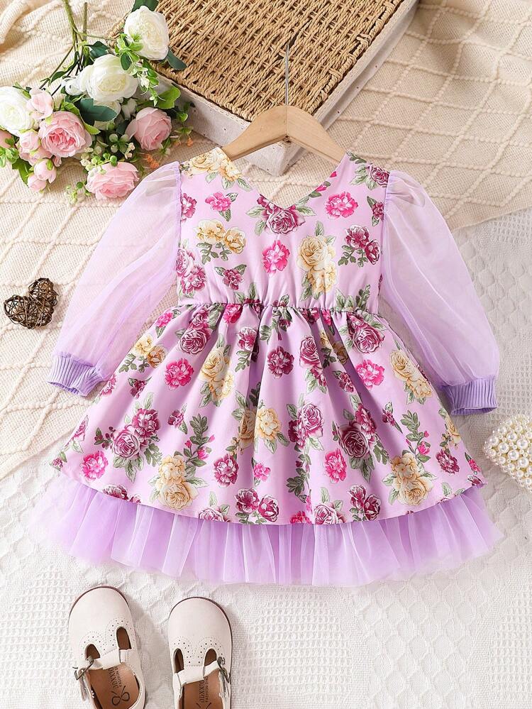 Baby Girl Flower Print Tulle Spliced Dress