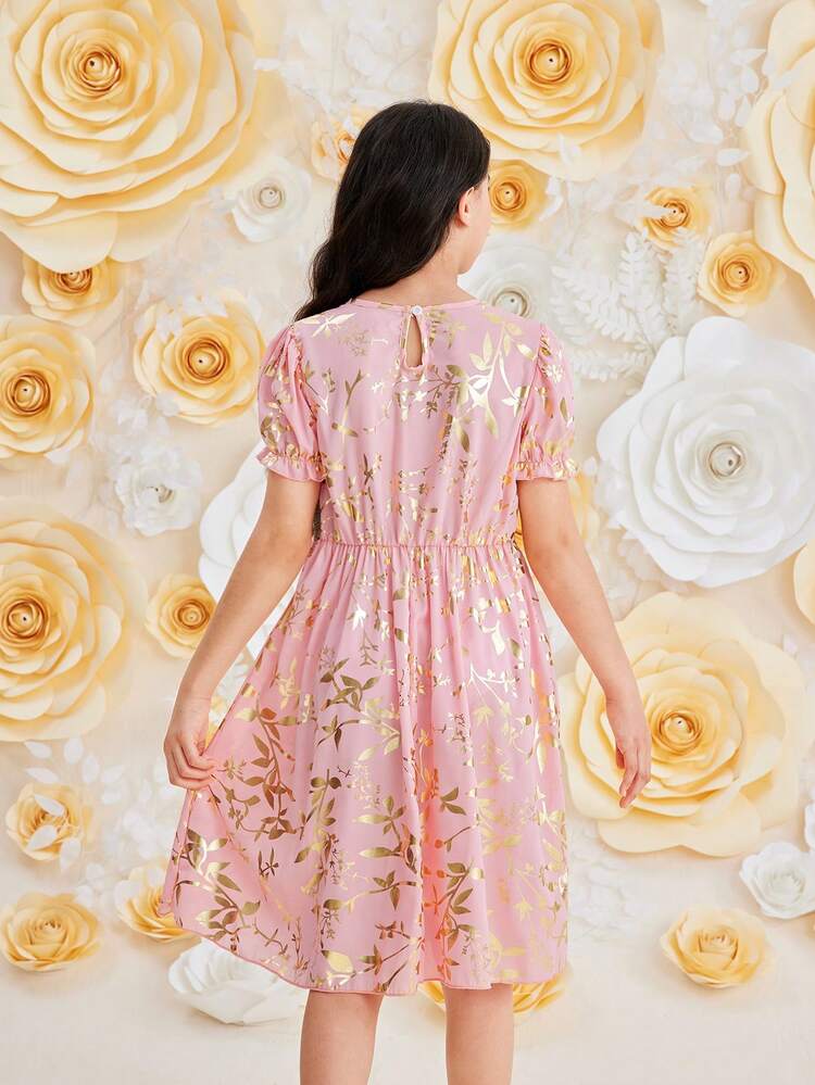 Tween Girl Fashionable Elegant Gold Printed Summer Dress