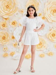 SHEIN Tween Girl Ruffle Layered Blouse & Short - White - View 1