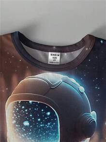 SHEIN Leap Crew Astronauts, Space, , Young Boy Casual Simple Space Cartoon Printed Short Sleeve Round Neck T-Shirt, Suitable For Summer - Multicolor - View 4