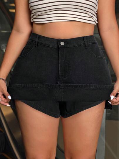 SHEIN ICON Plus Size Women's Simple Solid Color Denim Slit Skirt Jeans