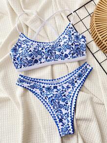 SHEIN Swim Damskie seksowne bikini z kwiatowym nadrukiem na wakacje, losowy nadruk