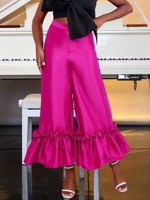Ruffle Trim Solid Color Loose Wide Leg Elegant Party Pants, For Wedding Guest - Hot Pink - View 3