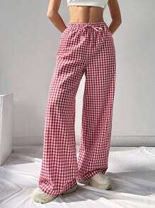 SHEIN EZwear 格紋印花編織女褲 - 紅色 - 查看 5