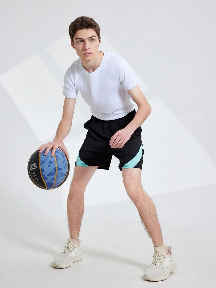 Teenage Boys' Colorblock Sports Running Shorts, Striped Outseam, For Basketball, Football, Fitness
