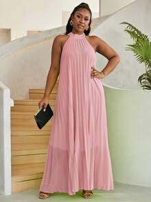 Astrid Plus Size Women Solid Color Halter Pleated Loose Fit Sleeveless Dress