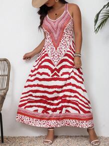 Breezaya Plus Size Summer Striped And Printed Sleeveless Spaghetti Strap Dress - Multicolor - View 3