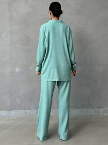 SHEIN Tall 3 Piece Set Of Textured Shirt & Strapless Top & Pants Casual & Fashionable - Mint Green - View 2