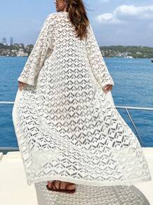 SHEIN Extra Long Crochet Hollow Out Cardigan - Beige - View 4