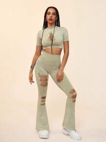 SHEIN Ladies' Solid Color Simple Daily Wear Hollow Out Short Sleeve Top And Long Pants Sports Set - Green - View 5