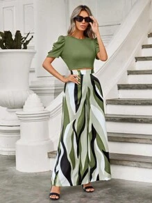 SHEIN Clasi 女士夏季純色圓領短款泡泡袖配寬鬆條紋寬腿褲套裝 - 軍綠色 - 查看 5