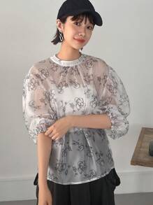 FRIFUL Women Fashion Flower Print Mid Sleeve Shirt Sheer - White - View 1
