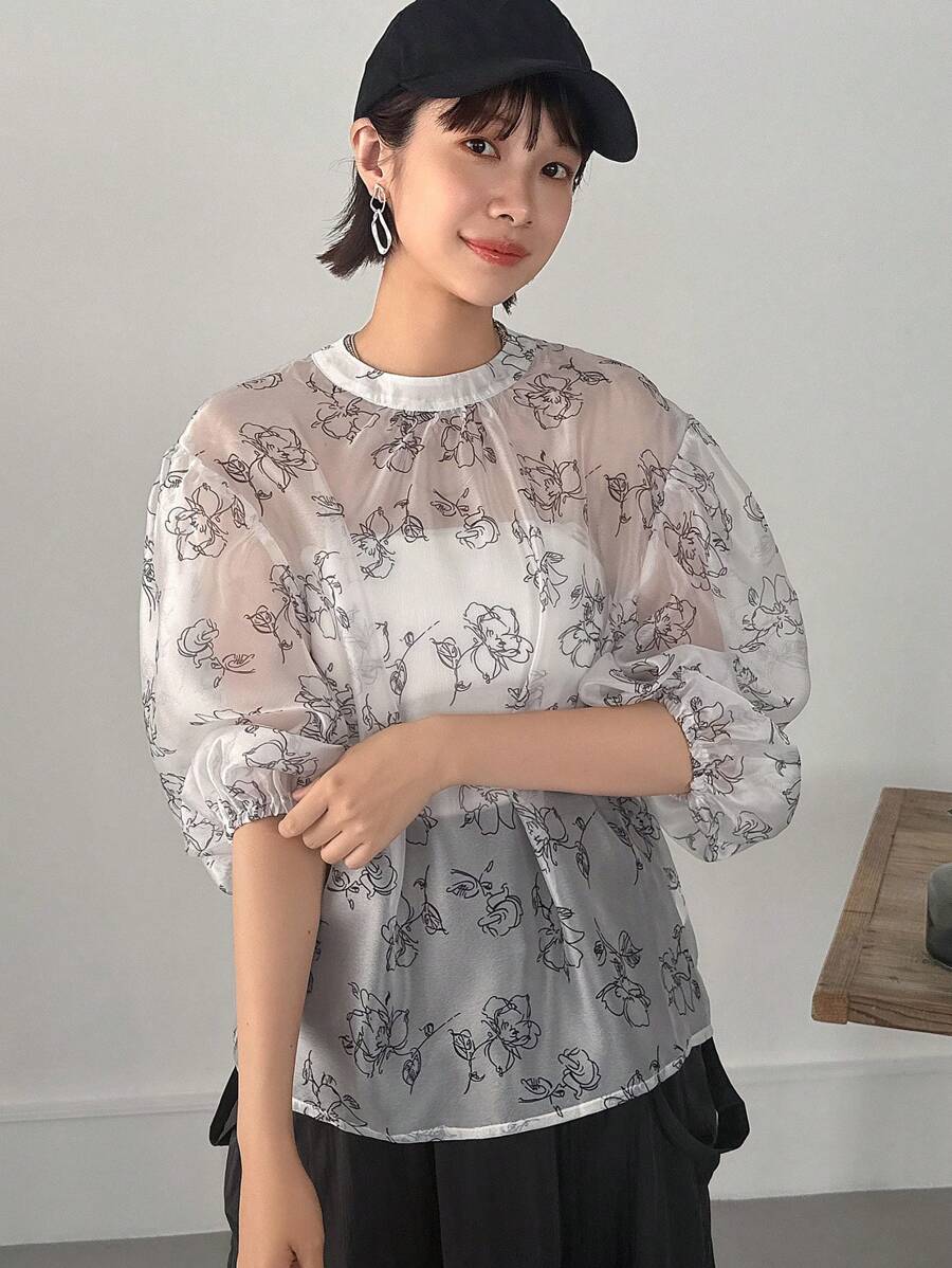 FRIFUL Women Fashion Flower Print Mid Sleeve Shirt Sheer - White - View 1