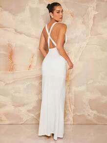 SHEIN Unity Vestido de sirena sólido y sexy para mujer con frunce, cruzado sin espalda para el verano