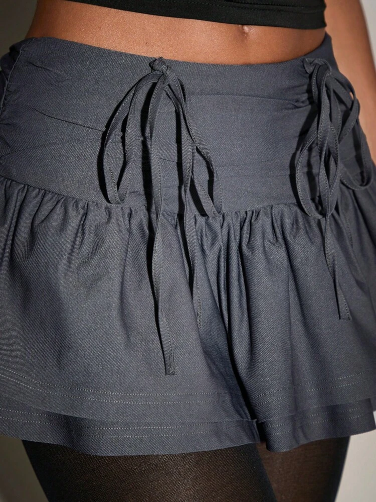 Grey Solid Color Sexy Low Waist Ruched Double Layer Cake Skirt, Summer Women's, Mini Skirt, Petite Size, Women's Bottom, Summer
