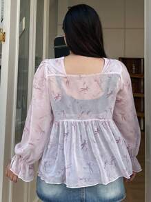 Dazy Petite Plus Women's Plus Size Casual Allover Print Ruffle Sleeve Blouse, Spring/Summer Long Sleeve Women - Pink - View 2