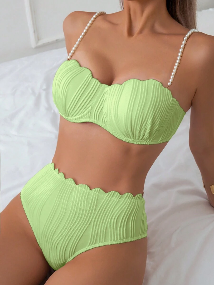 SHEIN Swim Kỳ nghỉ dành cho nữ Bộ bikini gợi cảm đính ngọc trai giả với bộ bikini tách biệt, bãi biển mùa hè - Màu xanh Bạc hà - Xem 1